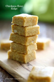 Besan Burfi with Condensed Milk. Indian Chickpea flour fudge with Condensed non dairy milk. | VeganRicha.com #vegan #glutenfree #indian #fudge #diwali