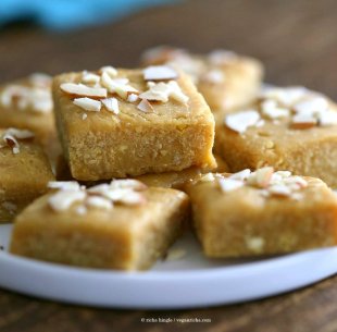 Besan Burfi with Condensed Milk. Indian Chickpea flour fudge with Condensed non dairy milk. | VeganRicha.com #vegan #glutenfree #indian #fudge #diwali