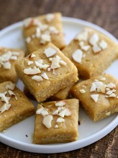 Besan Burfi with Condensed Milk. Indian Chickpea flour fudge with Condensed non dairy milk. | VeganRicha.com #vegan #glutenfree #indian #fudge #diwali