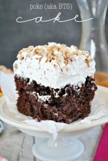 BTS Cake aka Poke Cake aka The BEST Cake you'll ever eat!! This super moist and decadent cake is smothered in whipped cream, Heath Toffee, and caramel sundae sauce | title=