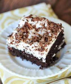 Mudslide Poke Cake - Chocolate cake infused with sweetened condensed milk, hot fudge, vodka, Kahlua and Baileys Irish Cream. An easy, delicious cake with a nice kick! | browneyedbaker.com