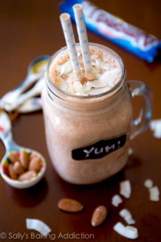 Skinny Almond Joy Milkshakes made from yogurt, bananas, and unsweetened cocoa powder. Delicious! Easy recipe found on sallysbakingaddiction.com