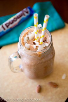 Skinny Almond Joy Milkshakes made from yogurt, bananas, and unsweetened cocoa powder. Delicious! Easy recipe found on sallysbakingaddiction.com