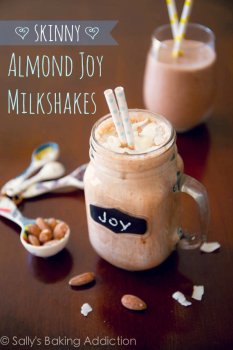 Skinny Almond Joy Milkshakes made from yogurt, bananas, and unsweetened cocoa powder. Delicious! Easy recipe found on sallysbakingaddiction.com