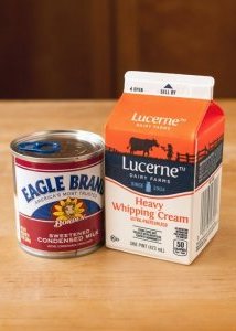 Sweetened condensed milk and heavy cream for no-churn ice cream.