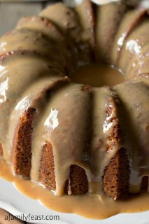 Toffee Pecan Bundt Cake with Caramel Drizzle recipe - A moist and delicious cake that is filled with toffee bits and pecans with an amazing caramel drizzle frosting!