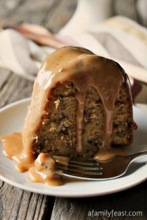 Toffee Pecan Bundt Cake with Caramel Drizzle recipe - A moist and delicious cake that is filled with toffee bits and pecans with an amazing caramel drizzle frosting!